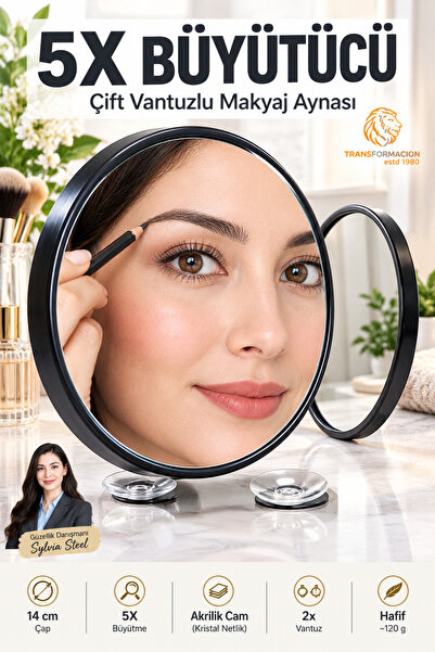 Transformacion 14cm 5X Büyüteçli Çift Vantuzlu Makyaj Aynası Akrilik Cam Siya...