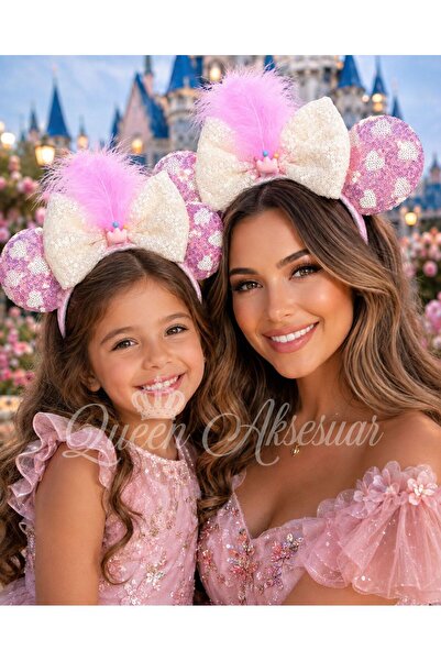 QUEEN AKSESUAR Premium Luxury Minnie Pink White Sequin Heart Patterned Feathe...