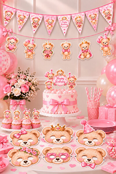 GREATOY Teddy Bear Themed Birthday Set 6 Masks 6 Figures with Names on Them 1...
