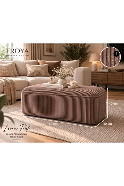 Troya döşeme Troya Mobilya Liora Puf – 60x40x40 cm | Fitilli Kadife Kumaşlı D...