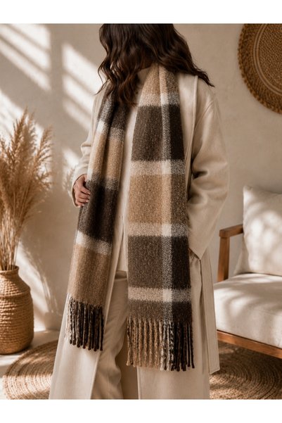 EveryScarf Plaid Brown-Beige Colored Soft Textured Winter Shawl