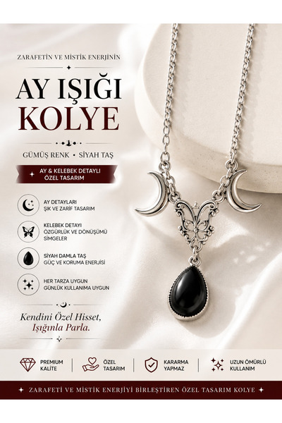 FG KONNİCHİWA Double Crescent Black Stone Necklace – Antique Silver Color Moo...