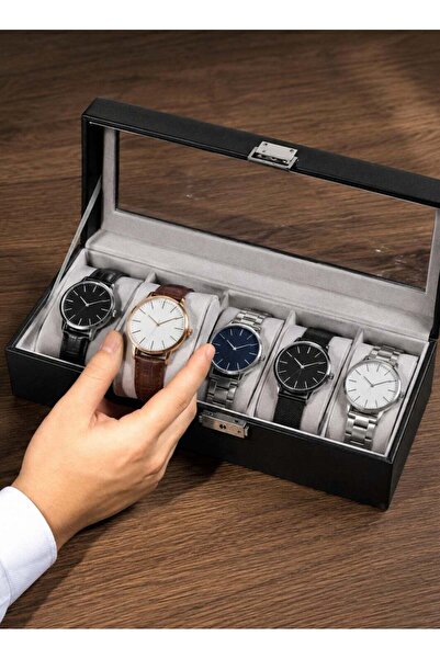 Maanys Watch Box Organizer for Men, 6 Slot Watch Case with Glass Lid, Black Watch Holder with Soft Cushioned Interior, Watch Display Storage Case for Men, Women & Travel