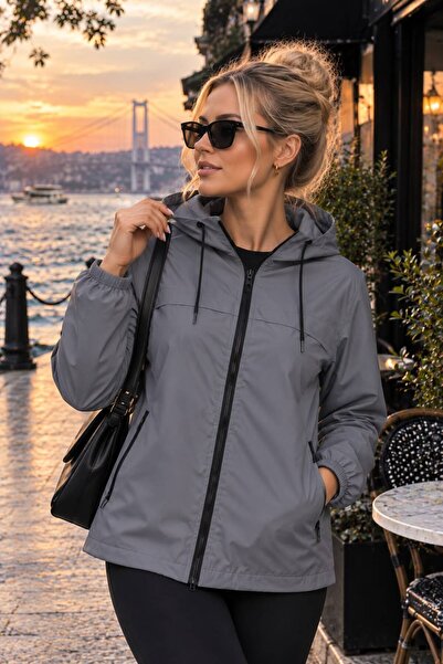 Gül Maison Women's Lined Water-Repellent Hooded Zippered Seasonal Raincoat Wi...