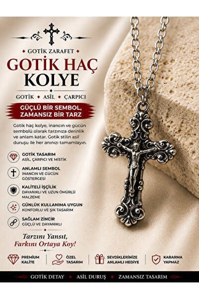 FG KONNİCHİWA Gotik Haç Kolye – Siyah, Antik Gümüş ve Kırmızı Taş Detaylı Far...