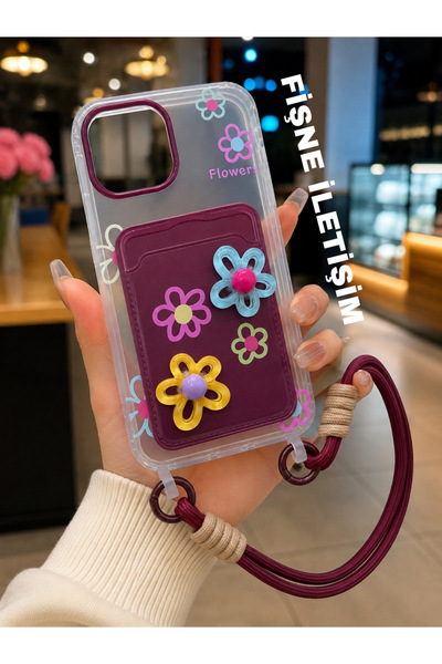 FİŞNEİLETİŞİM İPHONE 16 PRO UYUMLU KREDİ KARTLIKLI ÇİÇEKLİ BİLEK AKSESUARLI K...
