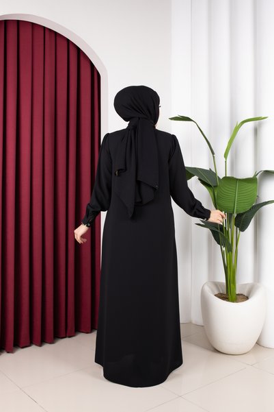 Işıltı Ferace Honeycomb Fabric Button Detail Simple Rabia Ferace
