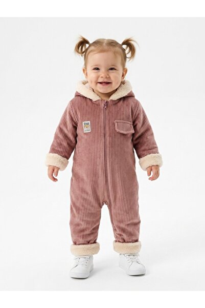 Kids Kingdom Kadife Kapüşonlu Unisex Bebek Tulum Pembe