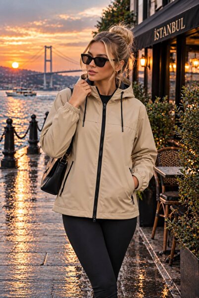 Gül Maison Women's Lined Water-Repellent Hooded Zippered Seasonal Raincoat Wi...
