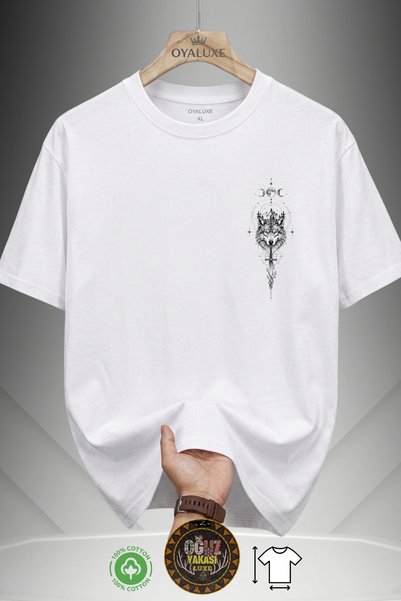 Unisex Oversize Geometrik Kurt Ve Kılıç Baskılı Beyaz T-shirt %100 Pamuk Bisiklet Yaka Göğüs Baskı Tişört