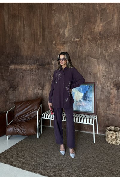 MİA NOURA Women's Shirt with Bead Embroidery on Front, Standard Pants Size Suit