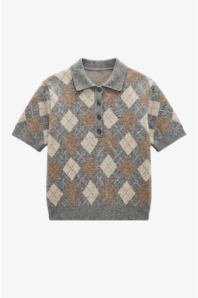 Havoş Gray Elena Baklava Patterned Polo Collar Sweater