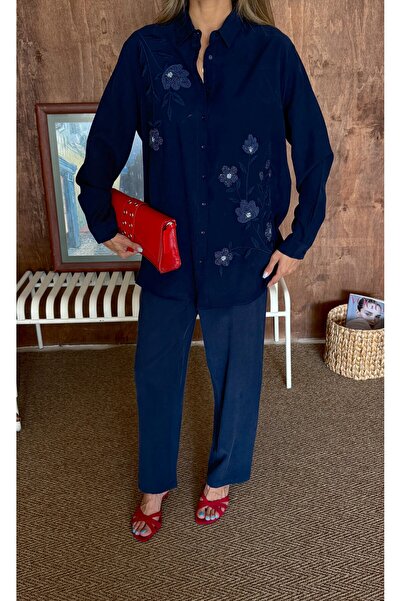 MİA NOURA Women's Shirt with Bead Embroidery on Front, Standard Pants Size Suit