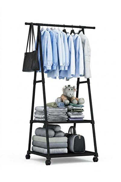 Generic Heavy Duty Triangle Clothes Rack with 2 Shelves and 360° Wheels, Black