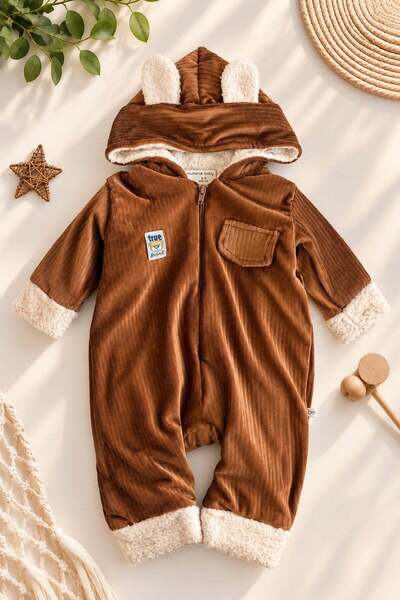 dinamik çocuk Baby romper with bear ears, welsoft lined, hooded, zippered, wi...