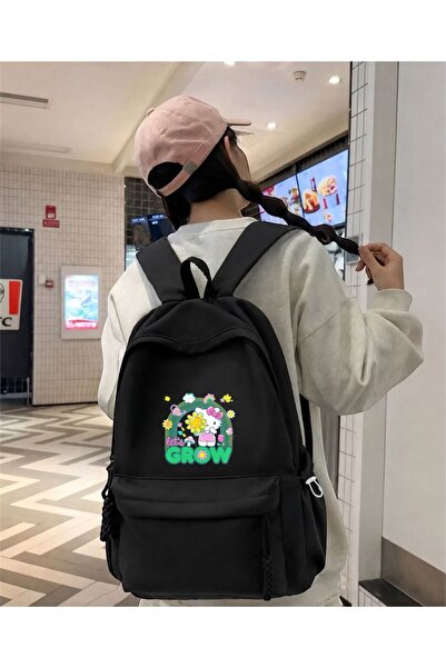Minga London Rucsac negru Let's Grow Hello Kıtty imprimat pentru școală, biro...