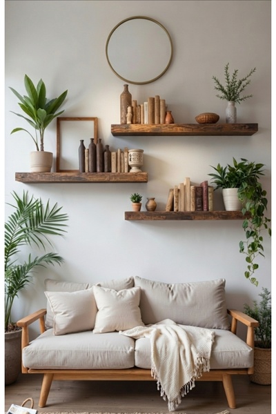 hiraca Doğal Çam Ahşap Duvar Rafı - 75x15 cm Ceviz Renk Kitaplık ve Dekoratif...
