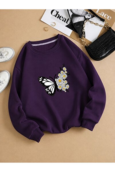 x-compass life Women's Butterfly Floral Printed Sweatshirt Crew Neck Comforta...