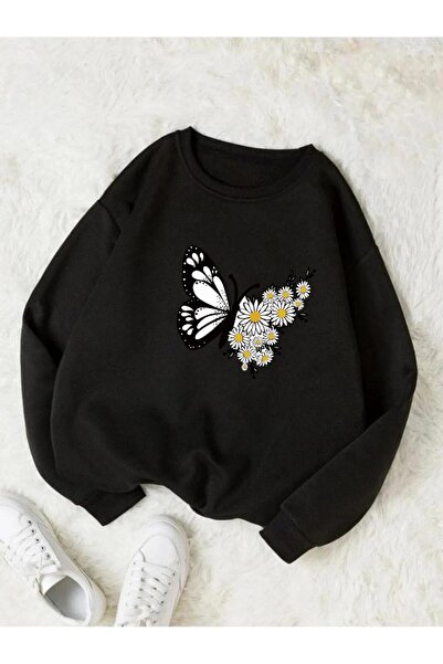x-compass life Women's Butterfly Floral Printed Sweatshirt Crew Neck Comforta...