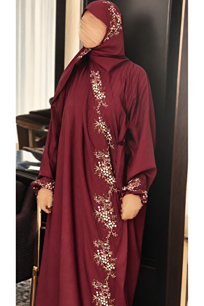 Generic إسدال صلاة نسائي عنابي طويل بتطريز زهري وغطاء رأس =Women’s Burgundy P...