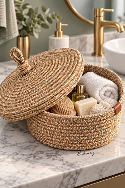 evdeucuz Jüt Hasır Kapaklı Sepet Organizer Dekoratif Banyo Mutfak Salon Düzenleyici 20x20x10 cm