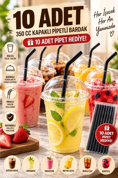 Kitchen Beauty 10 Adet 350 cc Kapaklı Pipetli Sert Plastik Bardak Pet Bardak ...