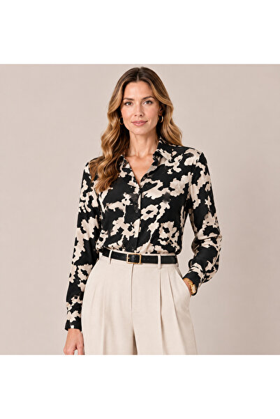 SheLoria Women's Black Viscose Patterned Long Sleeve Buttoned Colored Shirt