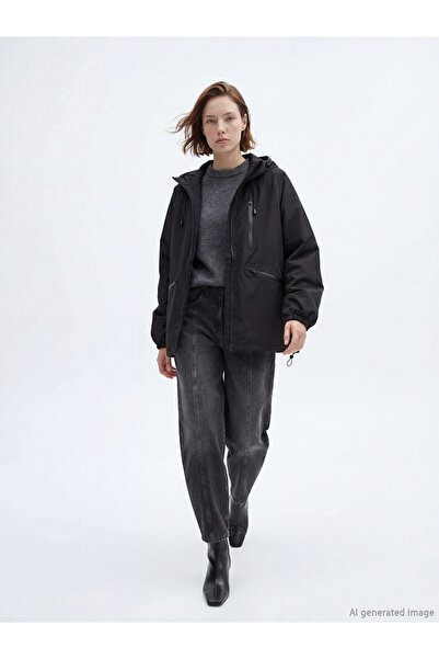 LC Waikiki Alita City Black Hooded Oversize Women's Raincoat with a Difference
