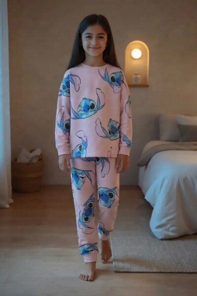 Kız Çocuk Pembe Stitch Baskılı Uzun Kollu Pijama Takımı – 2 Parça