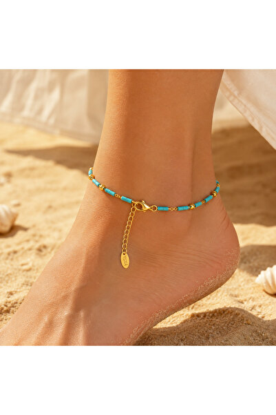 Cesicey Turquoise Colored Cylinder Beaded Steel Anklet Metal Bead Detailed Go...