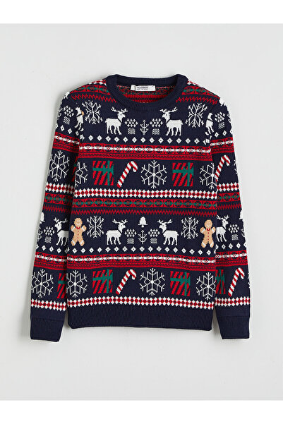LC Waikiki Nevavm Xside Navy Blue Knitwear Printed Oval Collar Boys' Sweater