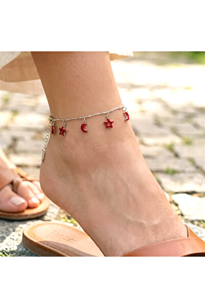 Cesicey Ayyıldız Red Steel Anklet Silver Color