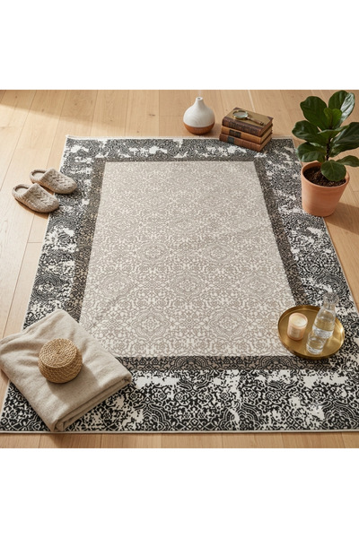 Bambu 4 m² (160x230) Kaymaz Taban Etnik Desenli Modern Halı - Siyah Krem Salon ve Oturma Odası Halısı