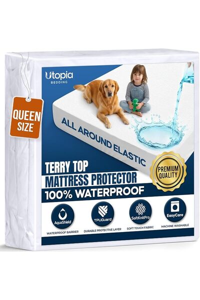 Utopia Bedding واقي مرتبة فاخر مقاوم للماء من قماش تيري، مقاس كوين 200 جرام/م...