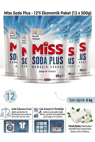 Miss Soda Plus Optik Etkili Beyaz Sabunlu El ve Matik Çamaşır Sodası 500 Gr ×...