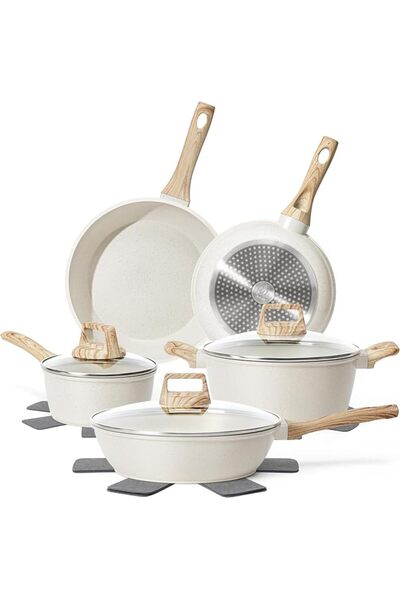 GENERAL SODAY Pots and Pans Set Non Stick, 12Pcs White Granite Induction Cook...