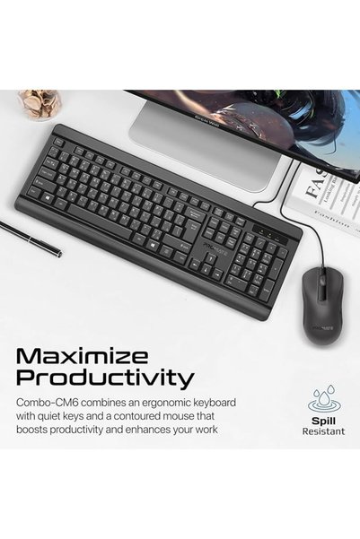Promate Silent Wired Keyboard with Ambidextrous 1200 DPI Mouse, Silicone Grip and Spill-Resistant, E