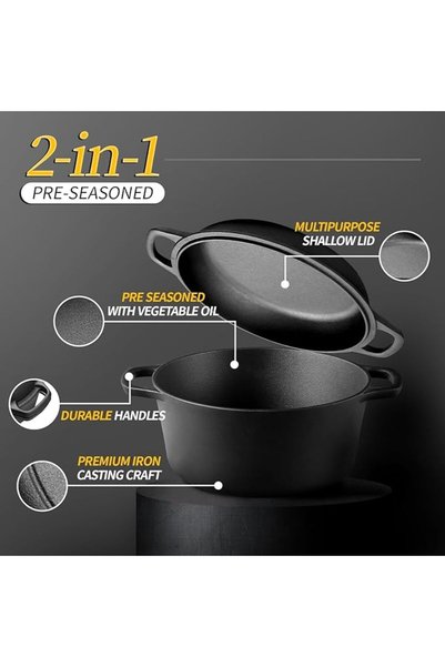 EOGILY 2-in-1 Pre-Seasoned Cast Iron Dutch Oven Pot with Skillet Lid Cooking Pan, Cast Iron Skillet
