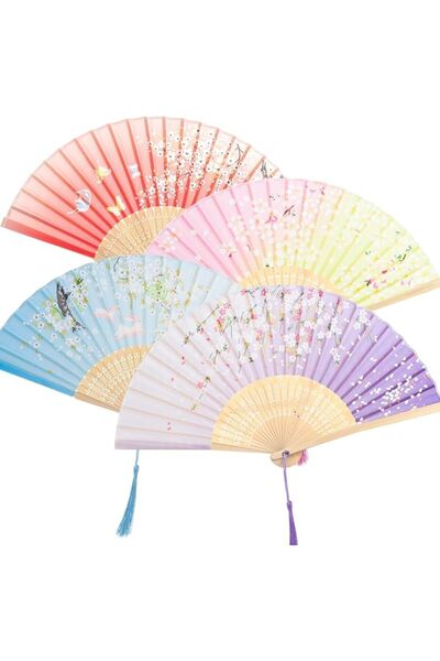 KASTWAVE 4 Pack Handheld Folding Silk Fans with Tassels - Floral Design Accor...