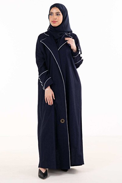 FASHION عباءة كلاسيكية من الكتان مع ياقة وأكمام طويلة مزينة بالخيوط