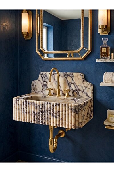 ESİLA MARBLE Doğal Mermer Duvar Tipi Lavabo | Özel Tasarım Lüks Banyo Lavabos...