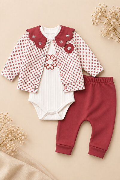 MYZİ STORE Baby Girl Jumpsuit Floral Patterned 3 Piece Jacket Body Pants Set ...