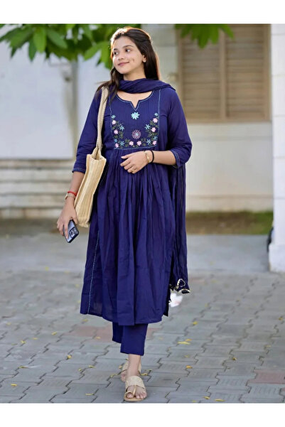 MYSMAR Blue Silk Salwar Kameez Dupatta - ALV2084 | Blue-Size:XL-42-Inches