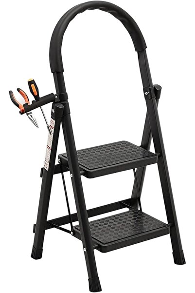 Lawazim Pro7 2-Step Folding Ladder With Tools Hanger - Black - 120kg Load Cap...