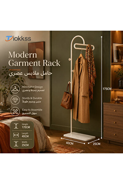 Tiokkss حامل ملابس عصري، رف ملابس قائم بذاته بطول 175 سم مع خطافات جانبية، قا...