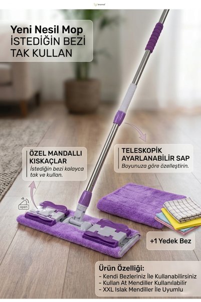 Primeaks Mandallı Mop Full Temizlik Seti 2 Adet Mikrofiber Bezli Pratik Yer T...
