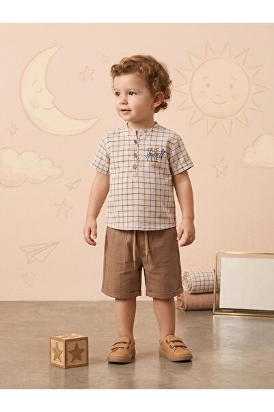 Top Kids Summer Boys' Handsome Two-Piece Set Fashionable Plaid Button-Down Sh...