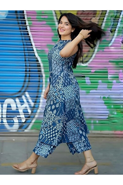 MYSMAR Indigo Blue Patchwork Printed A-Line Kurti Palazzo Set - ALV2168 | Ind...