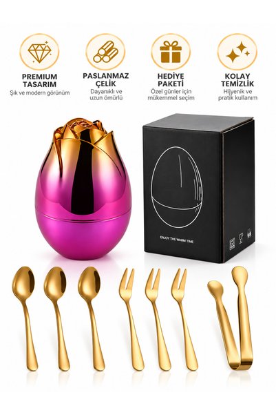 Partenya Gül Tasarımlı 7 Parça Paslanmaz Çelik Gold Tatlı Çatal Kaşık Seti Şe...