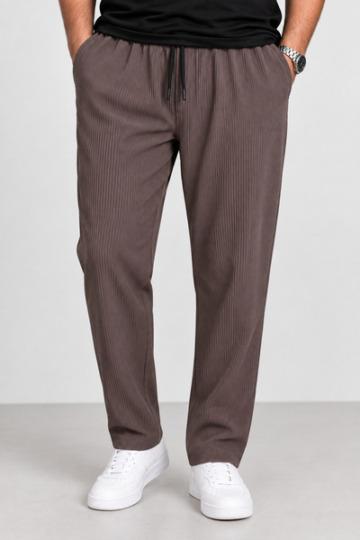 Erkek Fitilli Jogger Pantolon Lastikli Bel Bağcıklı Kahve/Vizon Regular Paça Rahat Kesim Mevsimlik